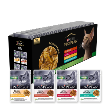 Pro Plan Nutri Savour - Мультипак - Набор паучей для кастрированных кошек (говядина, утка, курица, океаническая рыба в соусе) 36шт*85гр