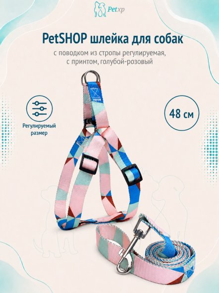 PetSHOP - Шлейка с поводком для собак из стропы регулируемая, с принтом, голубой-розовый