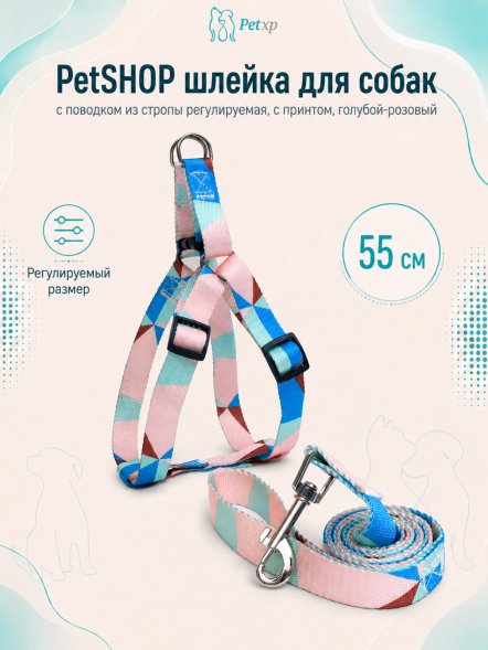 PetSHOP - Шлейка с поводком для собак из стропы регулируемая, с принтом, голубой-розовый