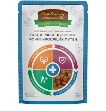 Деревенские Лакомства - Паучи для кошек, поддержка здоровья мочевыводящих путей, с птицей 85гр