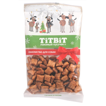 TitBit - Новогодняя коллекция - Лакомство для собак для мелких пород, Хрустящие подушечки с начинкой со вкусом Индейки и Шпината, 95 гр