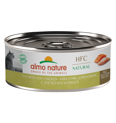 Almo Nature HFC - Корм консервированный полнорационный для кошек, с лососем и курицей 100гр