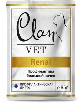 Clan Vet Renal - Паучи для кошек, кусочки в соусе, профилактика болезней почек, 85 гр