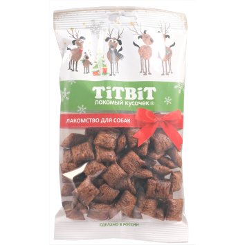 TitBit - Новогодняя коллекция - Лакомство для собак средних и крупных пород, Хрустящие подушечки с начинкой со вкусом Ягненка и Сыра, 95 гр