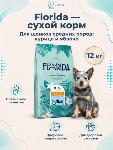 Florida - Сухой корм для щенков средних пород, с Курицей и Яблоком