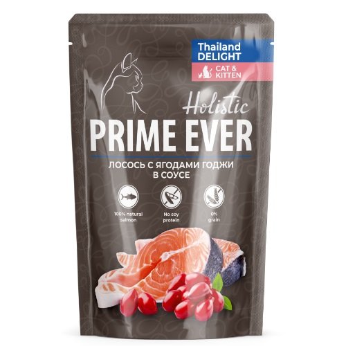 Prime Ever Холистик - Пауч для кошек, Лосось с ягодами годжи, в соусе, 85 г