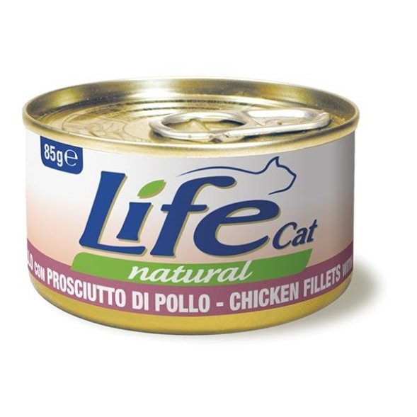 LifeCat - Консервы для кошек с курицей и ветчиной в бульоне 85гр