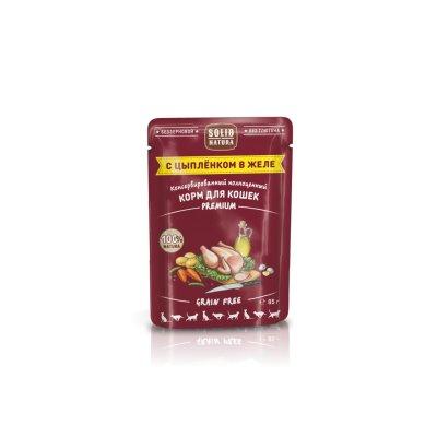Solid Natura - Пауч для кошек, беззерновой, С цыпленком в желе, 85г