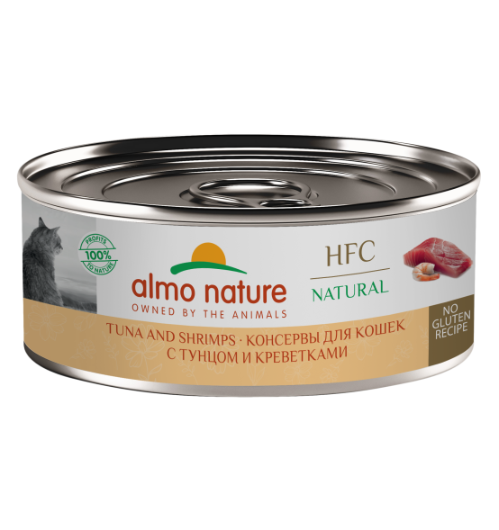 Almo Nature HFC - Корм консервированный полнорационный для кошек, с тунцом и креветками 100гр
