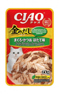 Inaba Kinnodashi - Консервы для кошек, Тунец Магуро и Тунец Кацуо со вкусом Морского гребешка, 60 гр
