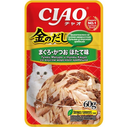 Inaba Kinnodashi - Паучи для кошек, тунец магуро и кацуо с гребешком в желе, 60 гр