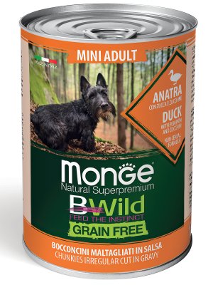 Monge BWild Grain Free - Беззерновые консервы из утки с тыквой и кабачками для взрослых собак мелких пород 400 г (Mini) Monge BWild Grain Free - Беззерновые консервы из утки с тыквой и кабачками для взрослых собак мелких пород 400 г (Mini)