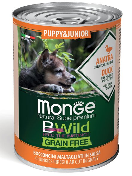 Monge BWild Grain Free - Беззерновые консервы из утки с тыквой и кабачками для щенков всех пород 400 г (Puppy&amp;amp;Junior)