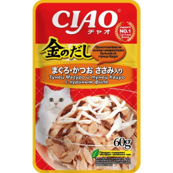 Inaba Kinnodashi - Паучи для кошек, тунец магуро и кацуо с куриным филе в желе, 60 гр