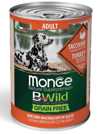 Monge BWild Grain Free - Беззерновые консервы из индейки с тыквой и кабачками для взрослых собак всех пород 400 г