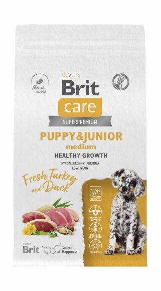 Brit Care Dog Puppy & Junior M Healthy Growth - Сухой корм для щенков средних пород с индейкой и уткой