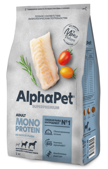 AlphaPet СуперПремиум Monoprotein (Монопротеин) - Сухой корм для взрослых собак средних и крупных пород, с Белой Рыбой, 12 кг