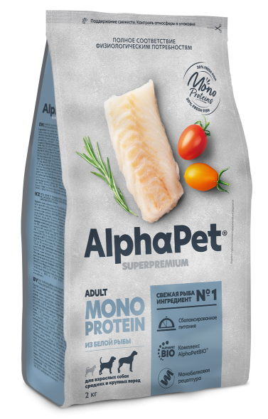 AlphaPet СуперПремиум Monoprotein (Монопротеин) - Сухой корм для взрослых собак средних и крупных пород, с Белой Рыбой, 12 кг