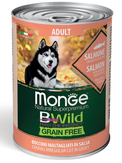 Monge BWild Grain Free - Беззерновые консервы из лосося с тыквой и кабачками для взрослых собак всех пород 400 г