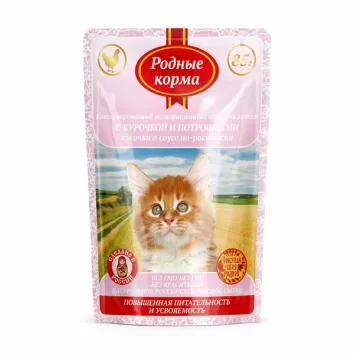 Родные Корма - Пауч для котят повышенной питательности, курочка с потрашками, кусочки в соусе по-ростовски 85 гр