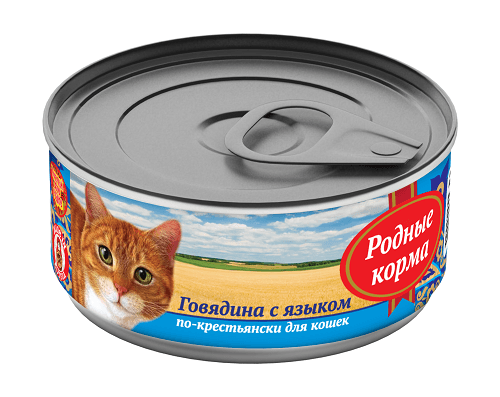 Родные Корма - Консервы для кошек, Говядина с языком по-крестьянски 410 гр