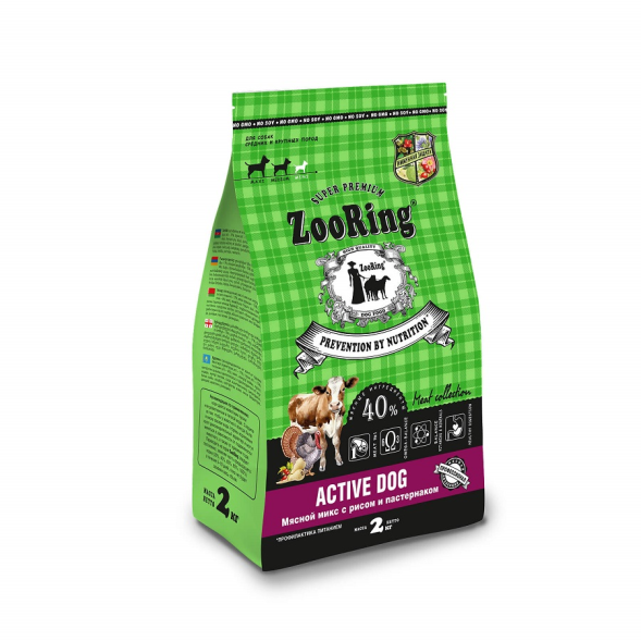 ZooRing - Сухой корм для собак, мясной микс с рисом и пастернаком (Active)