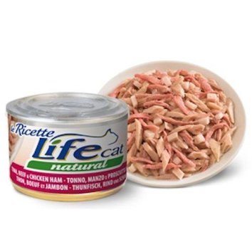 LifeCat - Консервы для кошек с тунцом, говядиной и ветчиной в бульоне 150гр
