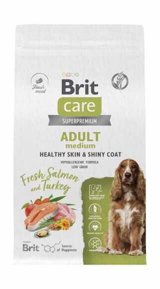 Brit Care Dog Adult M Healthy Skin&Shiny Coat - Сухой корм для собак средних пород с лососем и индейкой