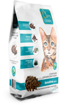 Clan Classic Sensitive 33/14 - Сухой корм для кошек с чувствительным пищеварением, атлантическая рыба и индейка