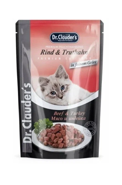 Dr. Clauders - Пауч для кошек, с мясом и индейкой, кусочки в желе, 85гр