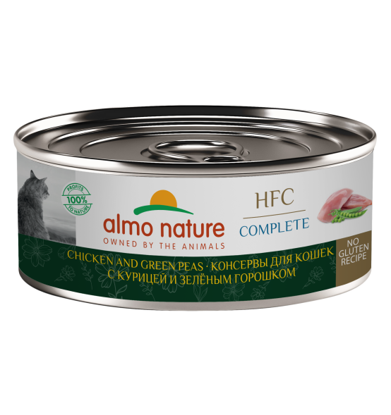 Almo Nature HFC - Корм консервированный полнорационный для кошек, с курицей и зеленым горошком 100гр