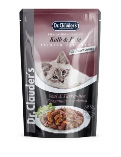 Dr. Clauders - Пауч для кошек, с телятиной и индейкой, кусочки в соусе, 85гр