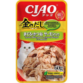 Inaba Kinnodashi - Консервы для кошек, Тунец Магуро и Тунец Кацуо с Семгой, 60 гр