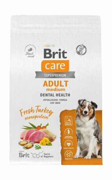 Brit Care Dog Adult M Dental Health - Сухой корм для взрослых собак средних пород с индейкой