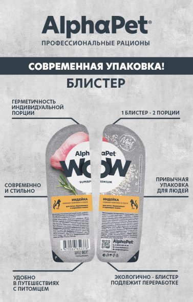 AlphaPet Wow СуперПремиум - Ламистер влажный корм для котят, беременных и кормящих кошек, Индейка 80 гр