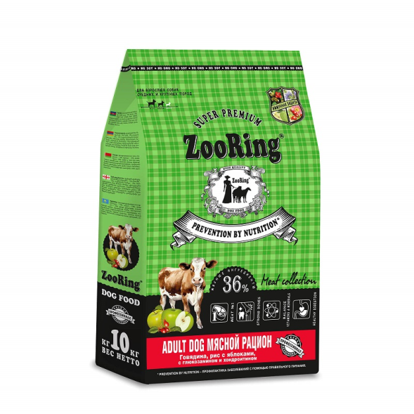 ZooRing - Сухой корм для собак, мясной рацион говядина, рис с яблоками с глюкозамином и хондроитином (Adult)