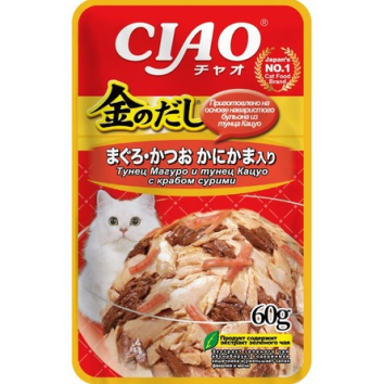 Inaba Kinnodashi - Паучи для кошек, тунец магуро и кацуо с сурими в желе, 60 гр