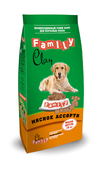 14122.580 Clan Family - Syhoi korm dlya sobak "Myasnoe assorti" 15kg kypit v zoomagazine «PetXP» Clan Family - Сухой корм для собак "Мясное ассорти" 15кг