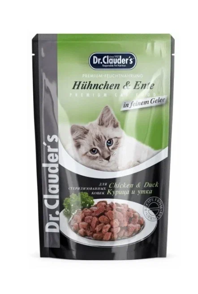 Dr. Clauders - Паучи для стерилизованных кошек, с курицей и уткой, кусочки в желе, 85гр