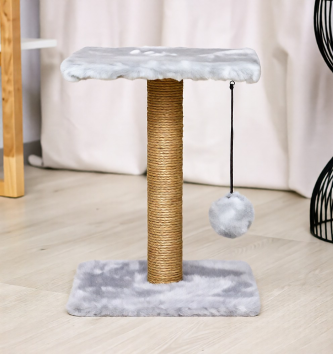 PetSHOP - Когтеточка с полкой, серая с помпоном, джут, мех, 30x30x42 см