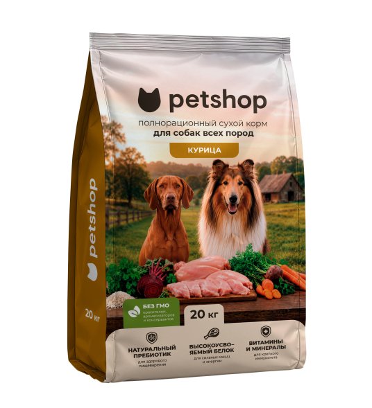 PetSHOP - Полнорационный сухой корм для взрослых собак всех пород, с мясом курицы, 20 кг