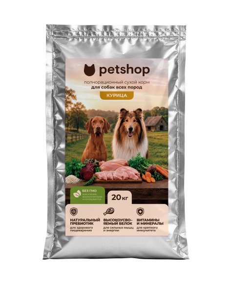 PetSHOP - Полнорационный сухой корм для взрослых собак всех пород, с мясом курицы, 20 кг