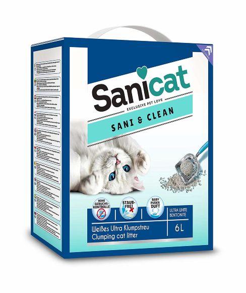 SaniCat Sani&Clean - Комкующийся белый наполнитель с ароматом детской присыпки 5,3кг