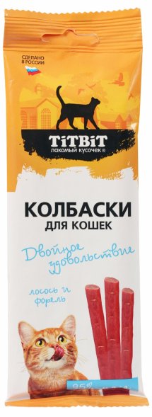 TiTBiT - Лакомства колбаски для кошек, двойное удовольствие с лососем и форелью