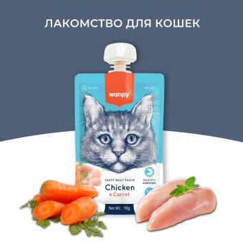 Wanpy Cat - Лакомство для кошек, Мясной мусс из курицы и моркови 90, гр