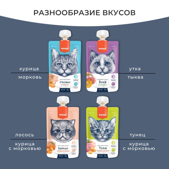 Wanpy Cat - Лакомство для кошек, Мясной мусс из курицы и моркови 90, гр