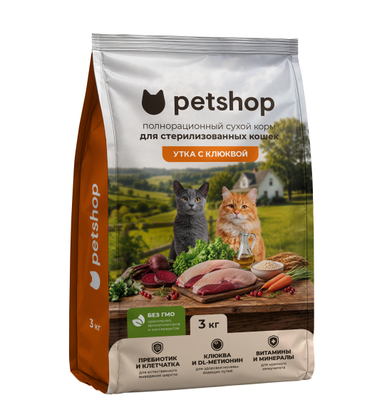 PetSHOP - Полнорационный сухой корм для стерилизованных кошек, с мясом утки и клюквой