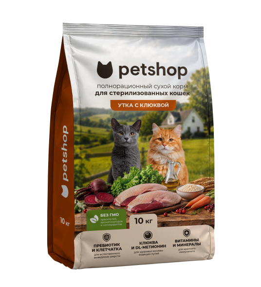 PetSHOP - Полнорационный сухой корм для стерилизованных кошек, с мясом утки и клюквой