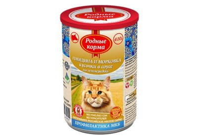 Родные Корма - Полнорационный консервированный корм для кошек, с говядиной и морковкой кусочки в соусе по-лениградски 410 гр