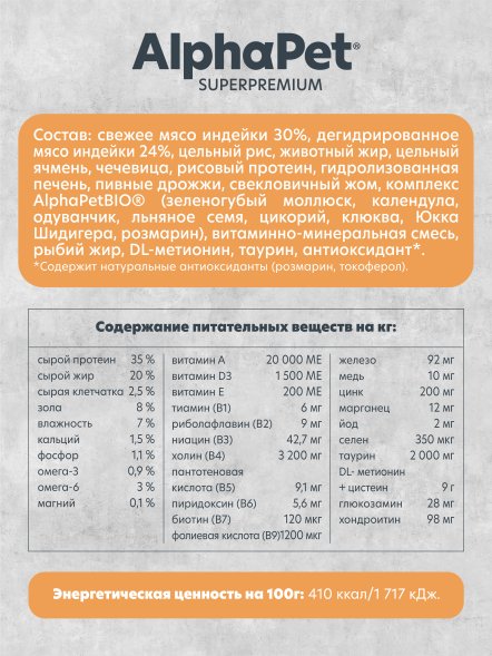 AlphaPet Superpremium Monoprotein - Сухой полнорационный корм из индейки для котят, беременных и кормящих кошек